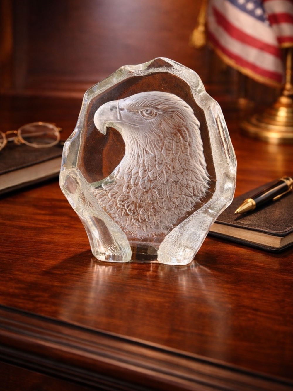 FREE w bundle of 2+ Bald Eagle Glass Paperweight Heavy Clear Glass Decor USA